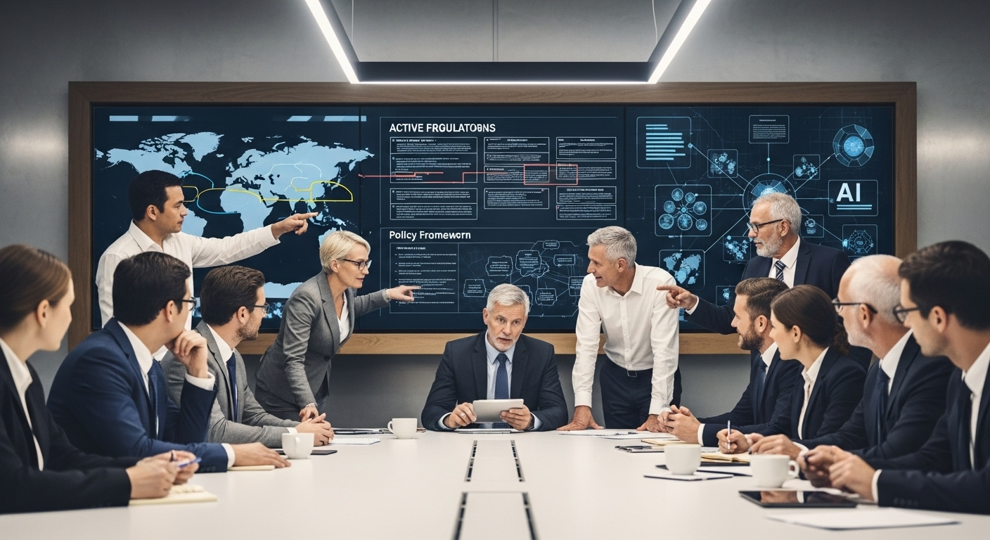Corporate executives discussing AI regulation strategy and global policy frameworks affecting technology companies.