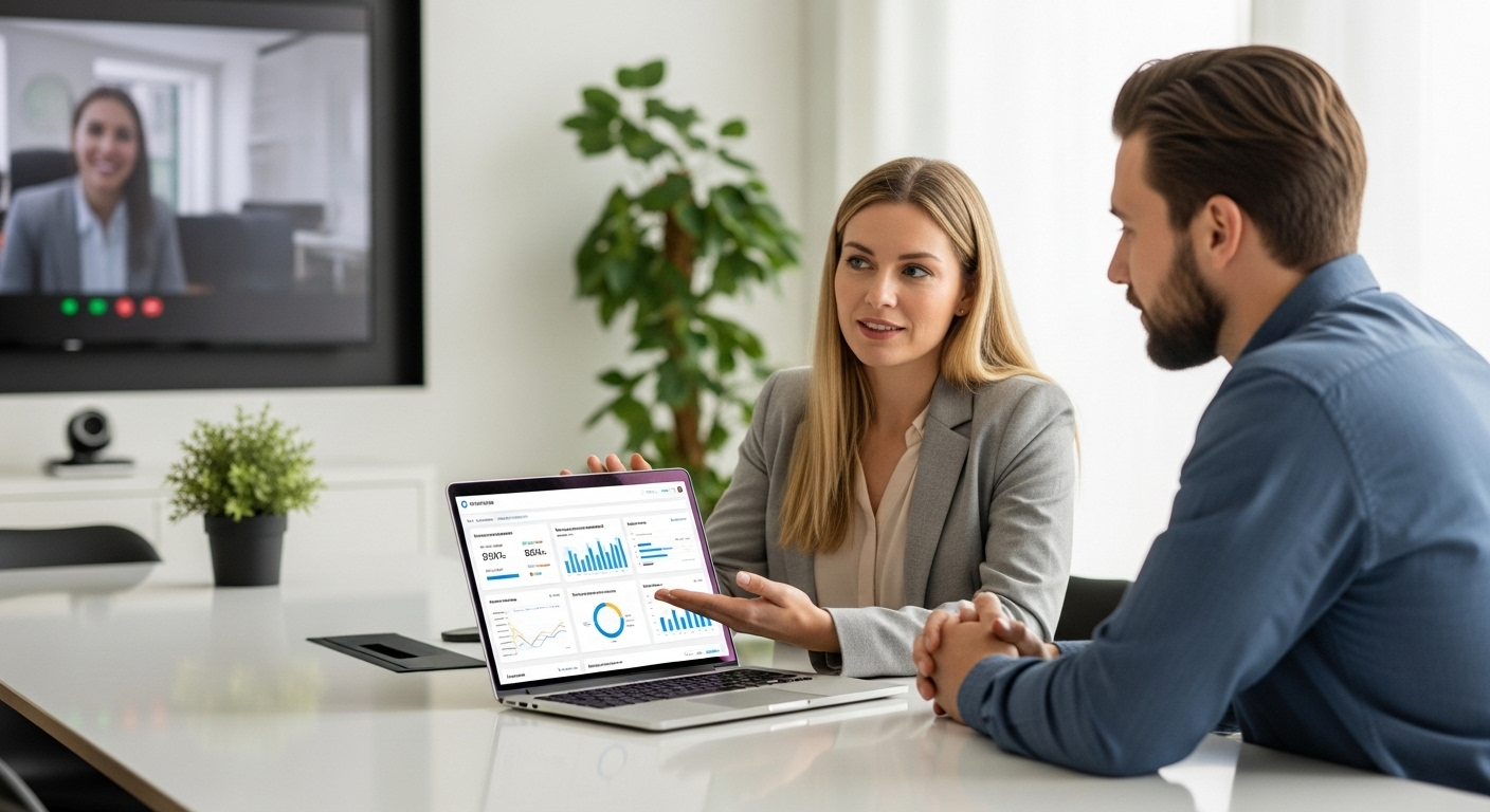 Manager giving real-time feedback to employee with performance metrics and KPI tracking.