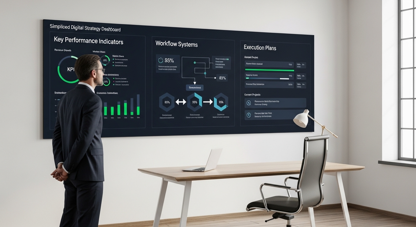 Business leader reviewing strategy dashboard with KPIs and execution systems for performance management.