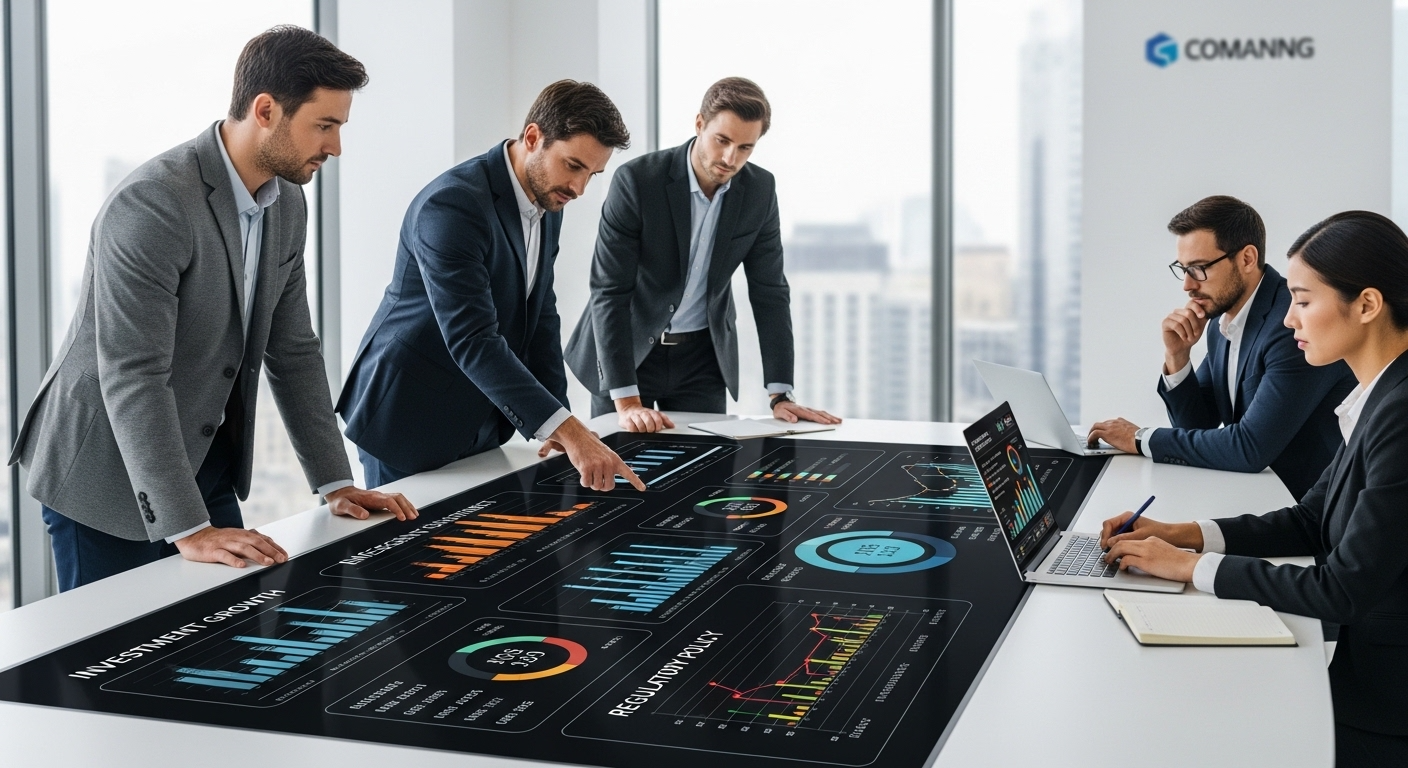 Business executives analyzing financial strategy on digital dashboards showing investment growth, lending expansion, and regulatory policy indicators, modern boardroom setting, data-driven decision-making environment, clean executive style, realistic corporate photography, high resolution, 16:9 aspect ratio.