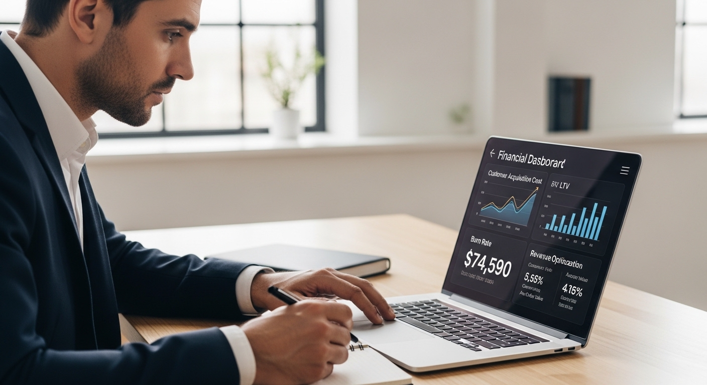 Founder analyzing startup profitability metrics including CAC, LTV, and profit margins.