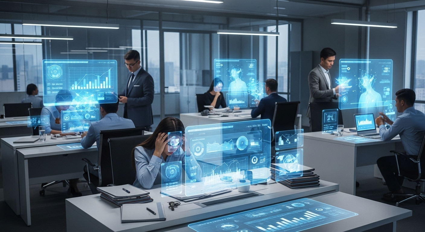 Future of work showing employees collaborating with AI while highlighting employee experience and burnout challenges