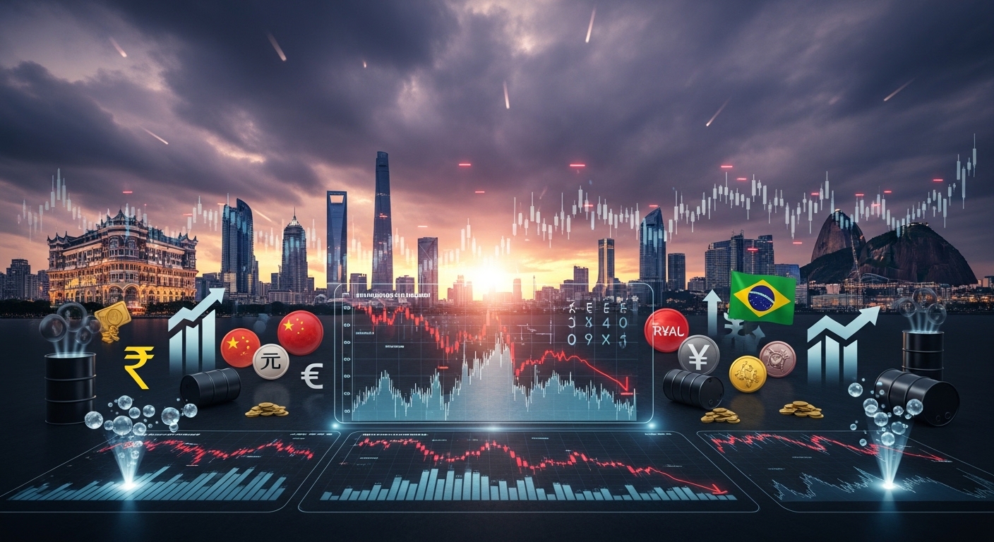 Slower economic growth in emerging markets with global financial charts, inflation impact, and developing country economies in 20261