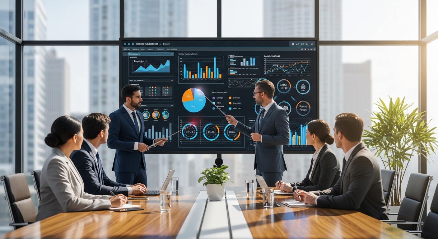 Consultants presenting transparent business case study with data dashboards1