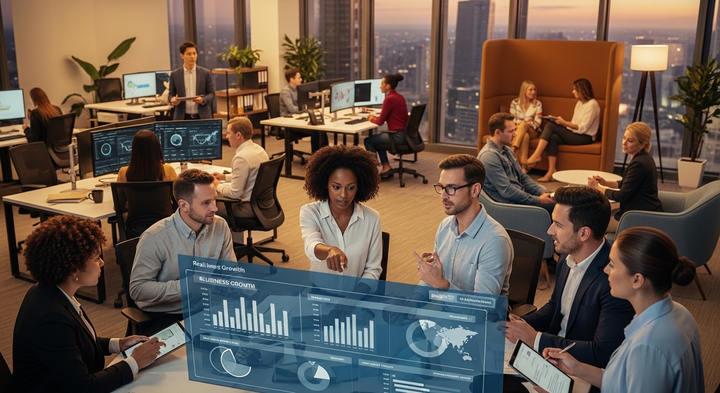 Human-centered business scaling with leadership teams using AI and collaborative workflows in a modern office environment1 Human-centered business scaling with leadership teams using AI and collaborative workflows in a modern office environment1