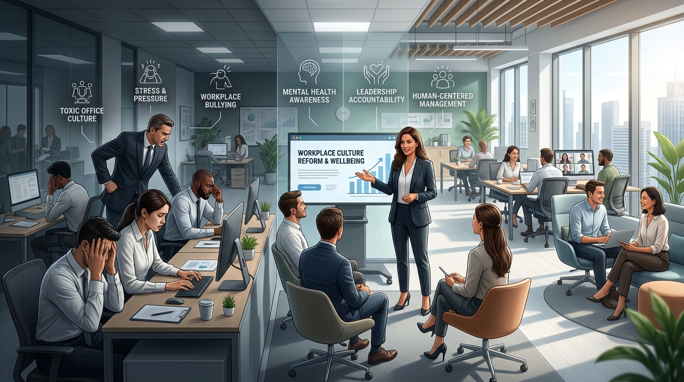Workplace bullying and toxic workplace culture illustration showing stressed employees and human-centered leadership transformation in modern offices1