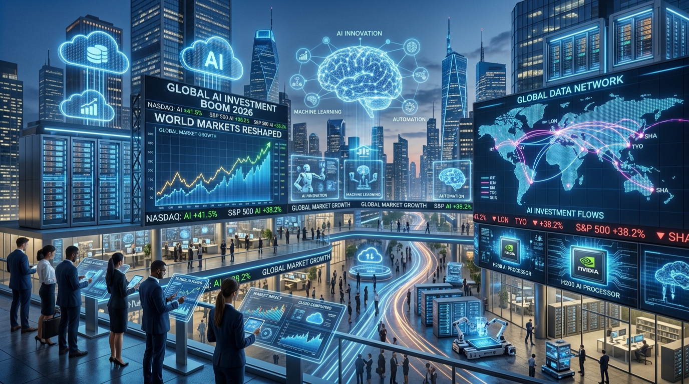 AI investment boom transforming global markets with futuristic technology, digital stock market growth, AI infrastructure, semiconductor innovation, and global business automation in 20261