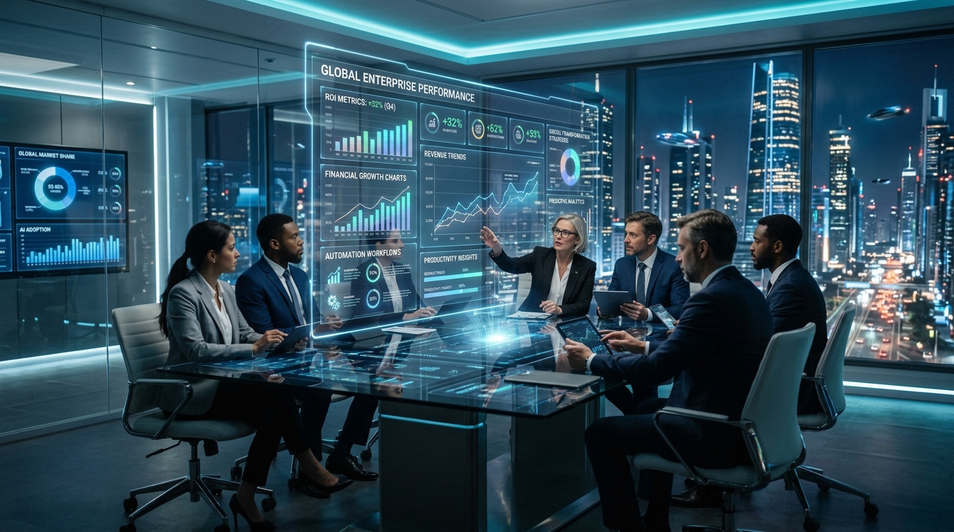 Business executives analyzing AI ROI dashboards and enterprise automation strategy in a futuristic corporate office1 Business executives analyzing AI ROI dashboards and enterprise automation strategy in a futuristic corporate office1