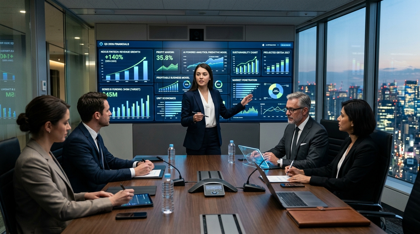 Investors and startup founders discussing profitability-focused business growth strategies in a futuristic office1 Investors and startup founders discussing profitability-focused business growth strategies in a futuristic office1