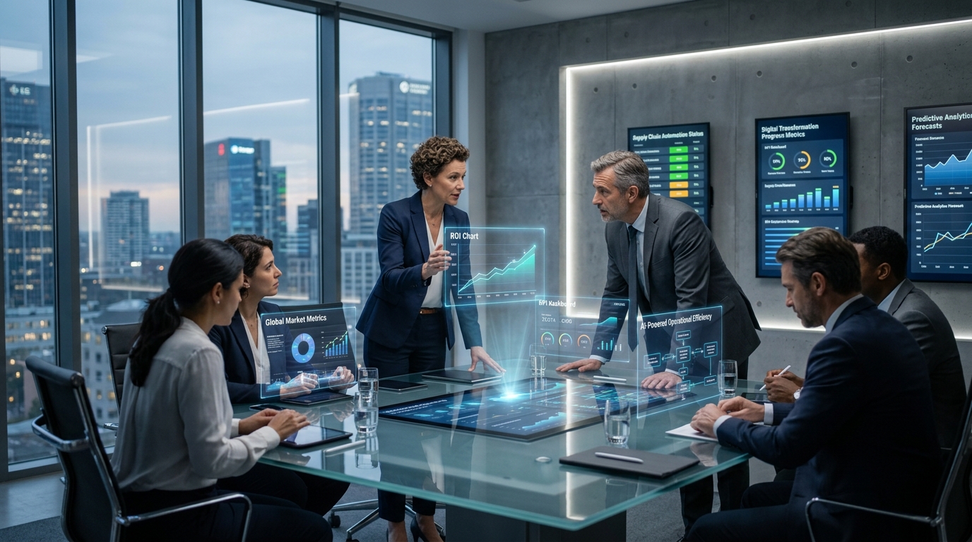 Business consultants and executives analyzing real-time AI dashboards and performance metrics instead of presentation slides in a modern corporate office1