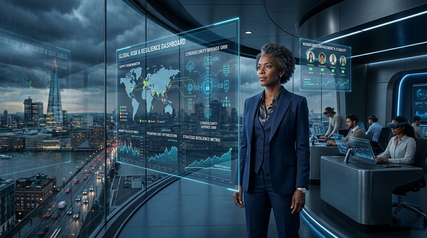 Modern CEO leading business resilience and transformation strategy in a futuristic corporate environment during global economic uncertainty1 Modern CEO leading business resilience and transformation strategy in a futuristic corporate environment during global economic uncertainty1