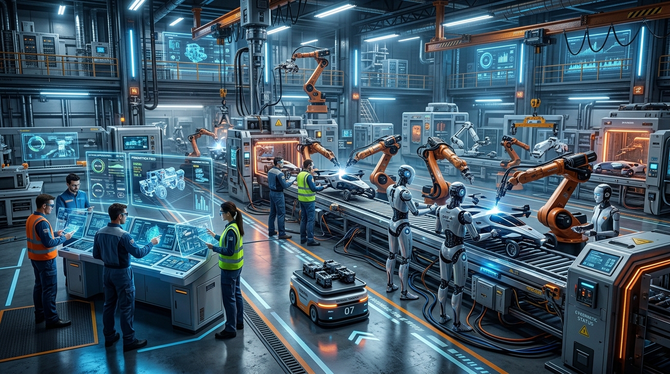 Futuristic AI-powered smart factory with advanced robotics and Physical AI automation systems in manufacturing1 Futuristic AI-powered smart factory with advanced robotics and Physical AI automation systems in manufacturing1