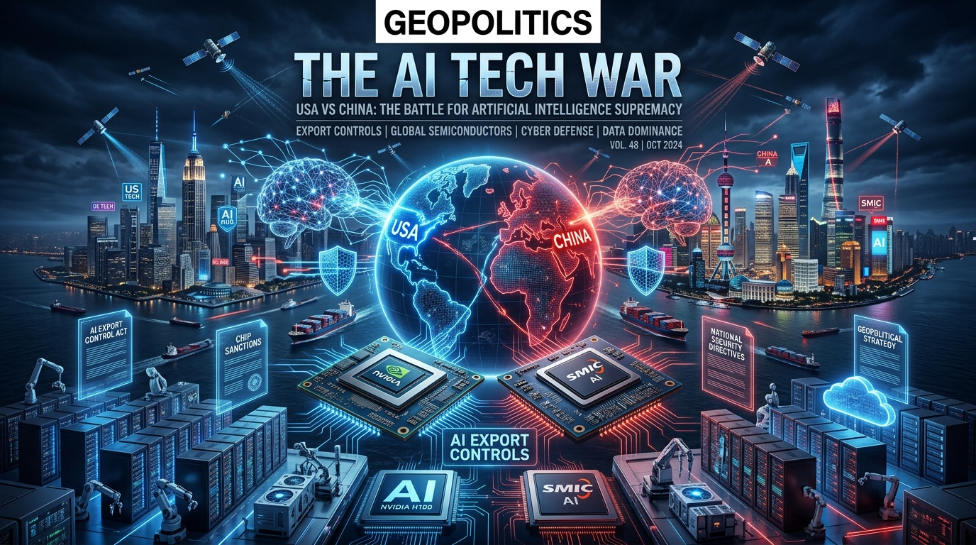 Futuristic illustration of global AI export controls, semiconductor technology, and geopolitical competition between major world powers shaping the future of artificial intelligence and global business1