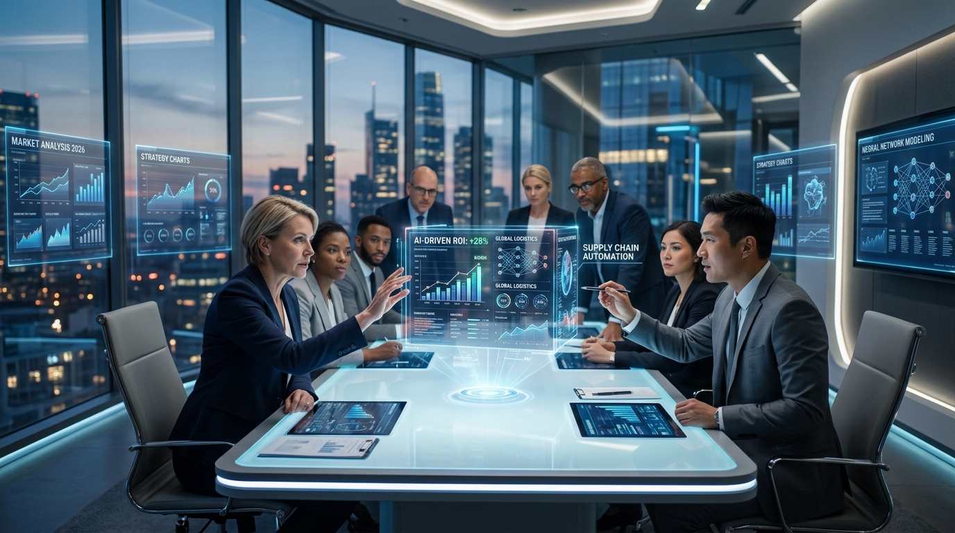 CEOs and executives using AI-powered analytics and digital dashboards in a futuristic corporate boardroom in 20261 CEOs and executives using AI-powered analytics and digital dashboards in a futuristic corporate boardroom in 20261