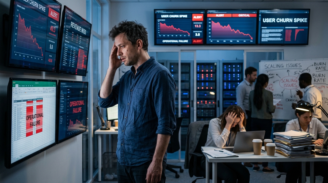 Startup founder facing operational chaos and burnout from aggressive business scaling strategy