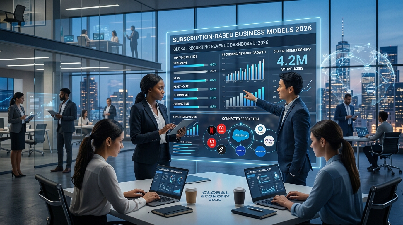 Futuristic subscription-based business ecosystem with recurring revenue growth across industries