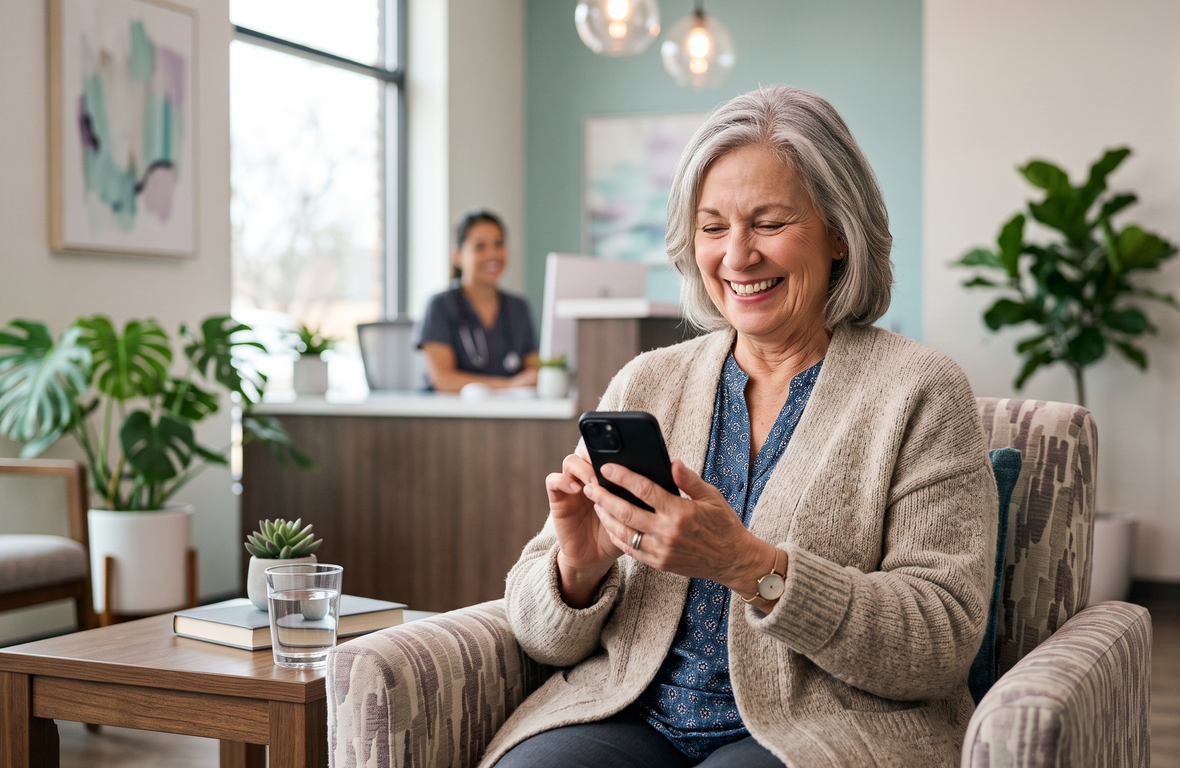 Patient using a smartphone to communicate with a medical practice