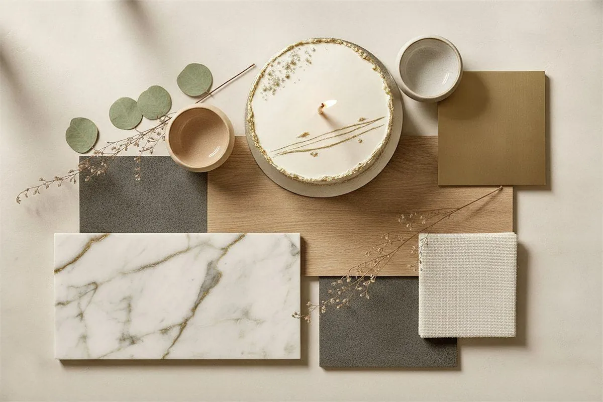 Neutral finish samples: marble, plaster and wood swatches on a table