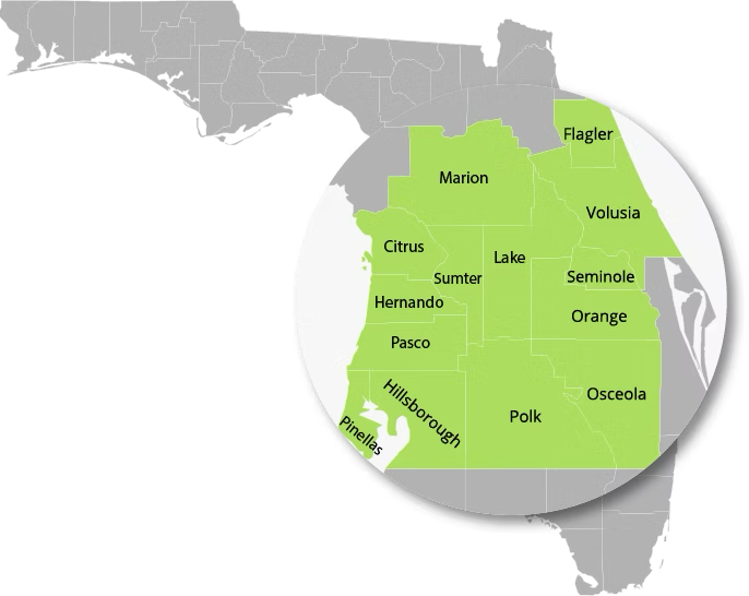 Service area map highlighting Excel Cleaning's coverage across Central Florida counties