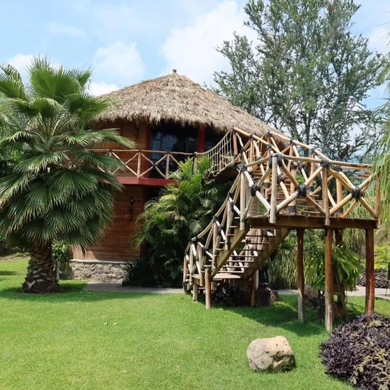 The treehouse, a thatched cabin reached by a rope bridge