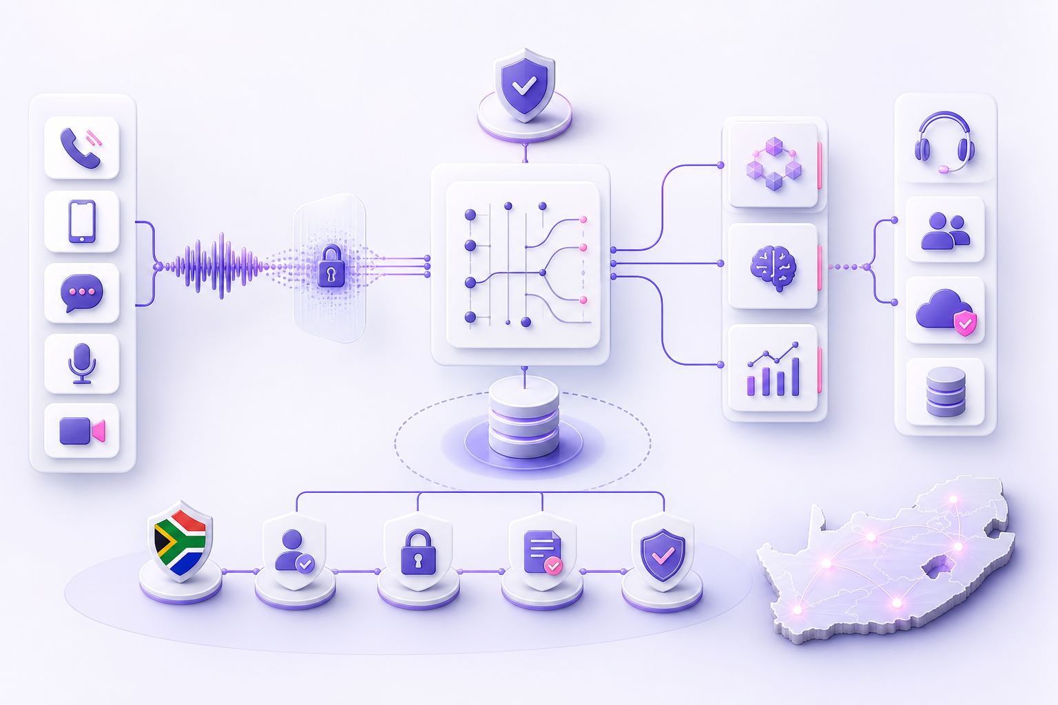 Editorial diagram showing secure voice data streams and cloud routing pathways for business telephony.