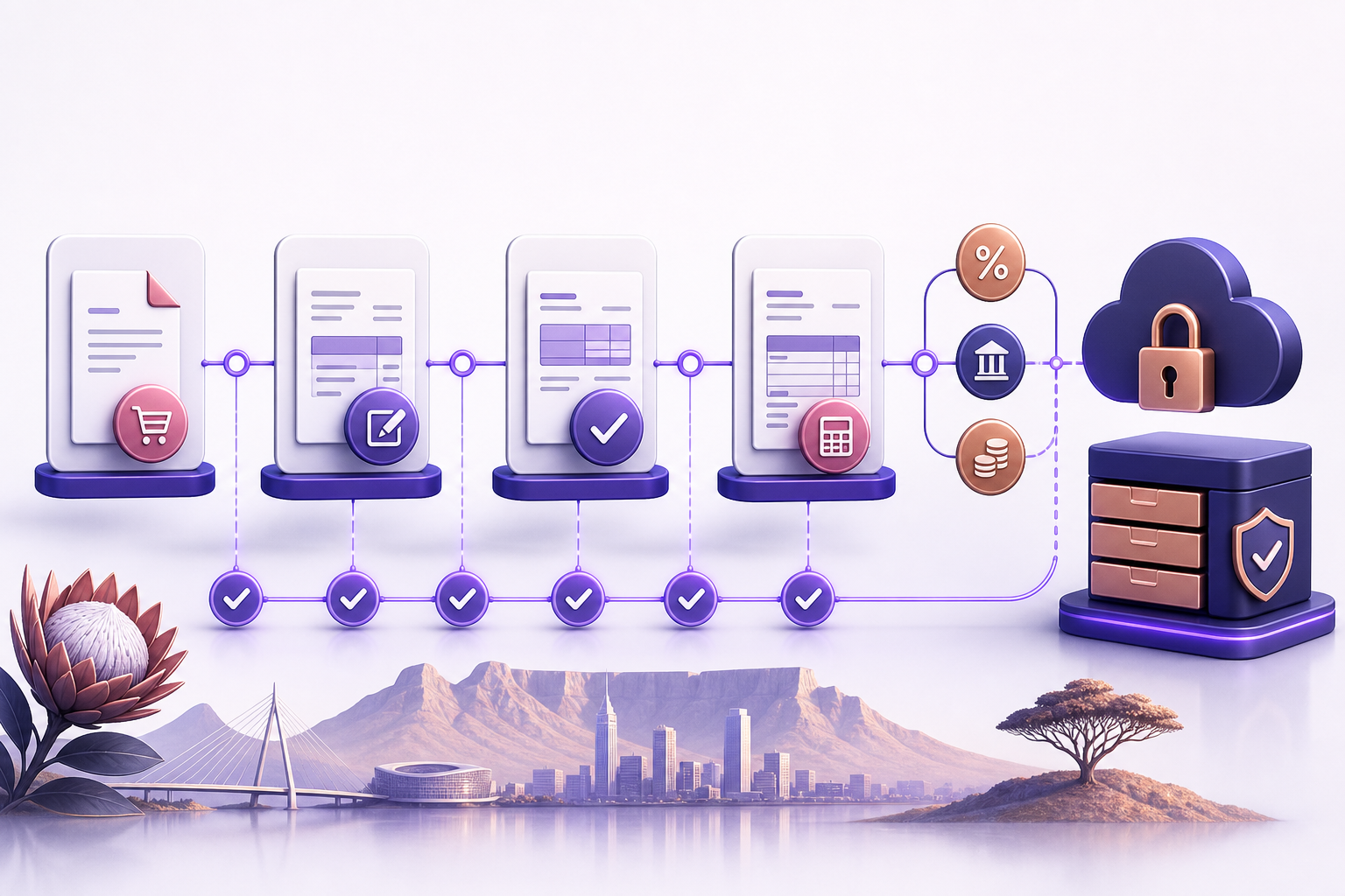 Diagrammatic editorial artwork representing quote automation and electronic tax invoice validation.