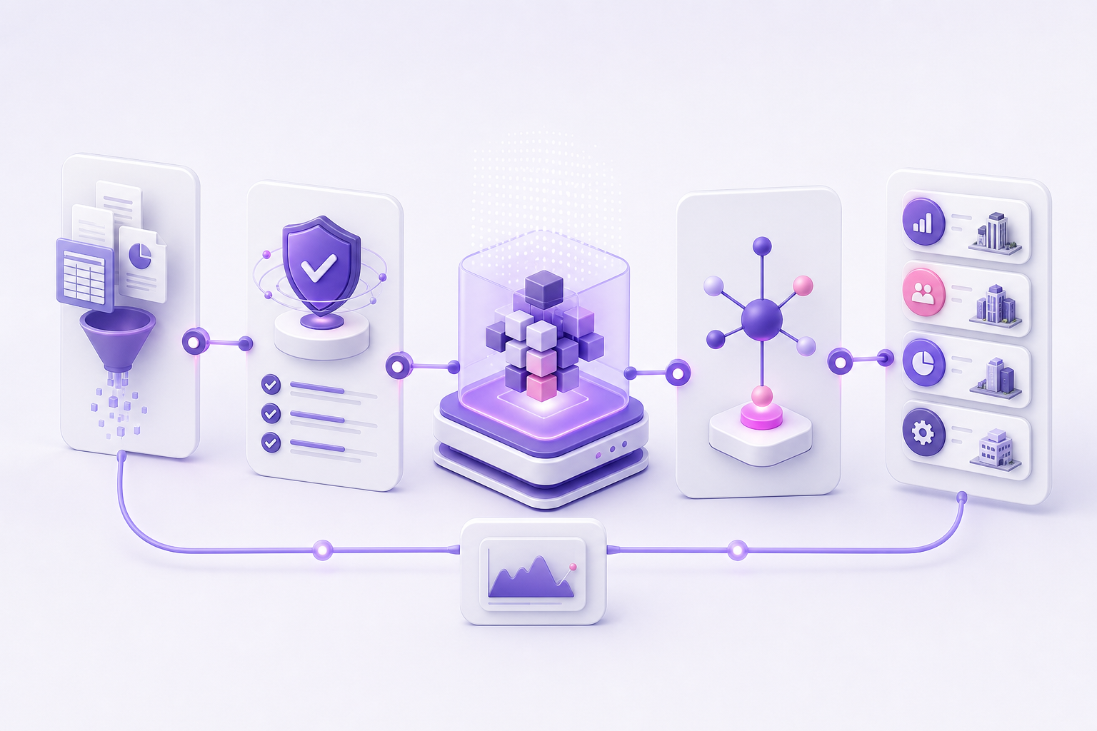 Minimalist corporate technology illustration depicting automated data validation and secure system handoffs.