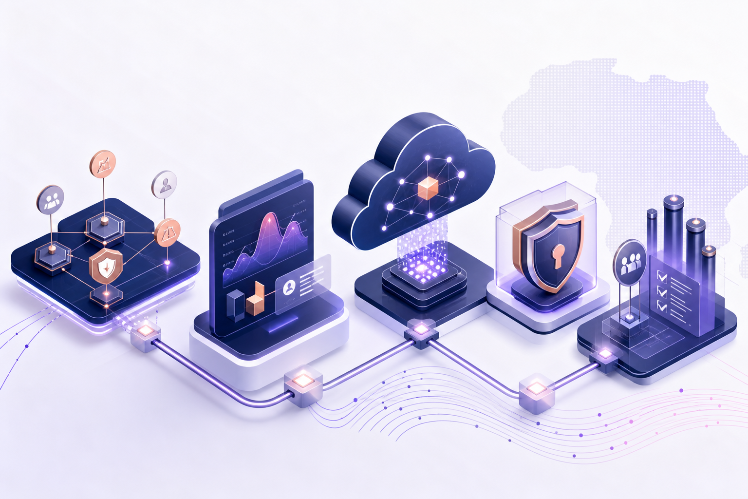 Illustration of interconnected operational workflows, data safeguards, and compliance monitoring structures.