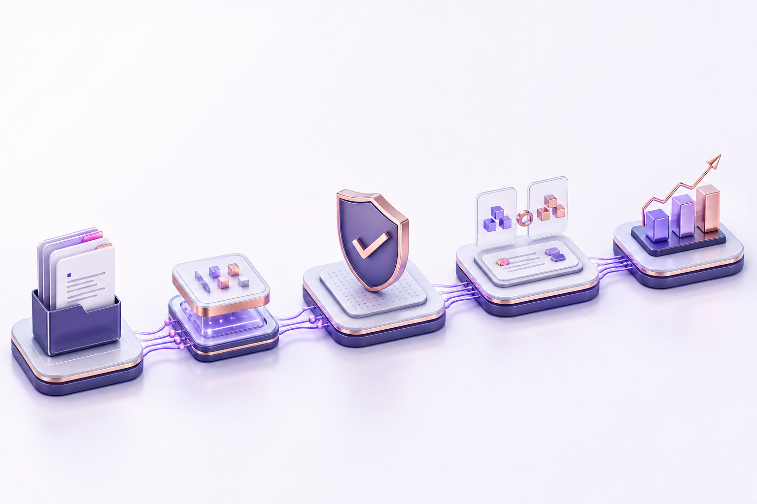 3D isometric technology visualization of automated data validation and financial document reconciliation.