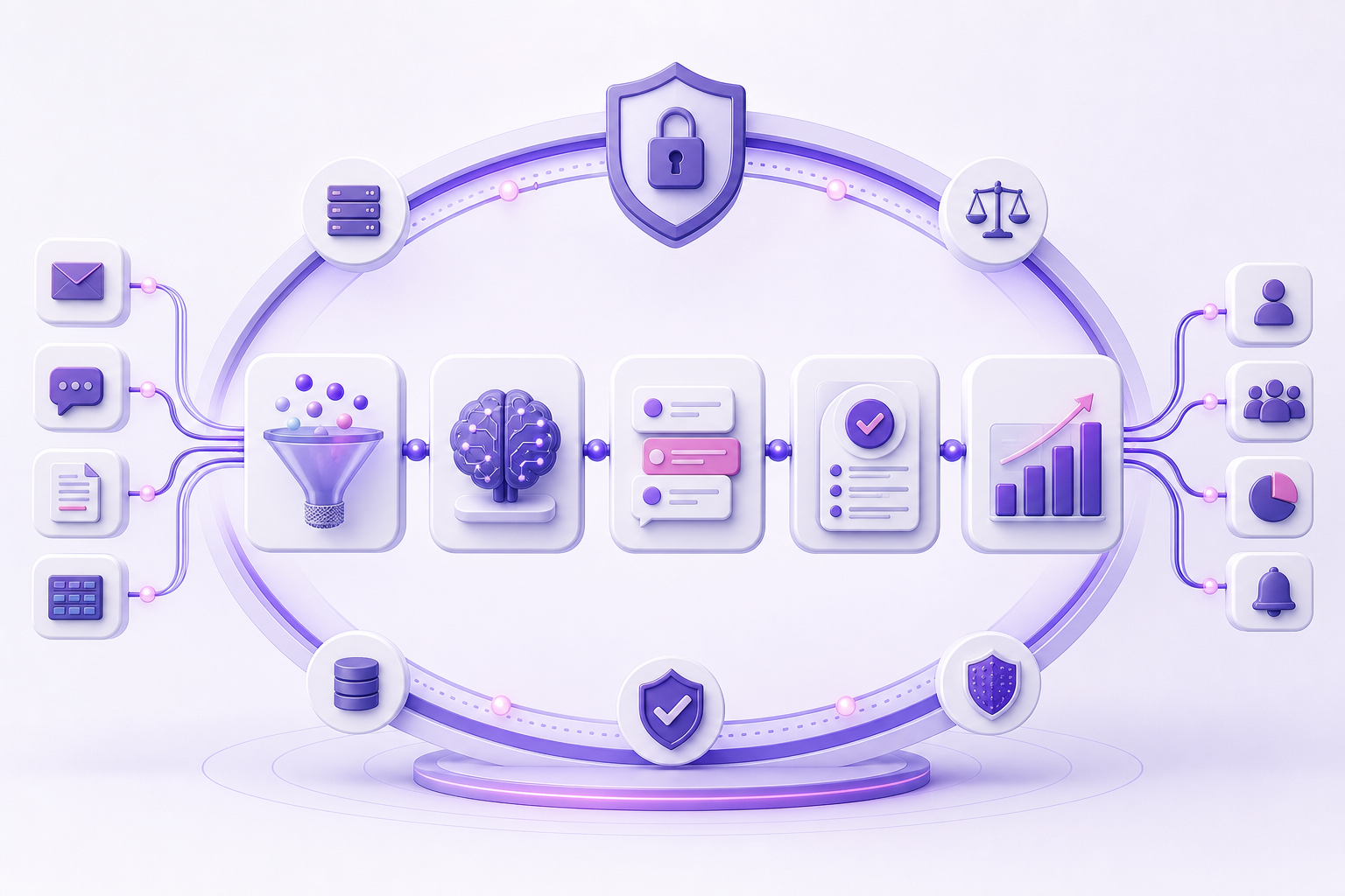 Editorial graphic representation of data privacy safeguards surrounding a digital business messaging sequence.