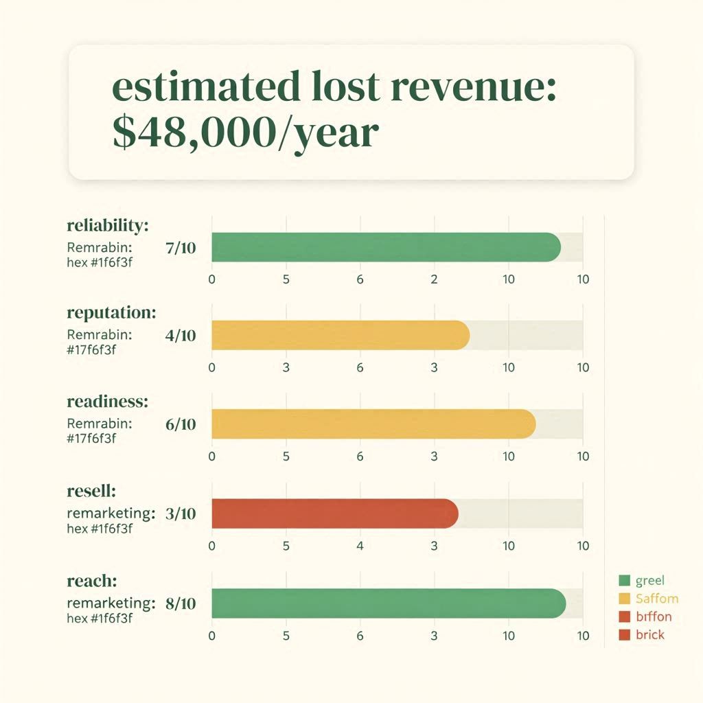 sample audit results dashboard showing R6 scoring across six categories with estimated lost revenue callout