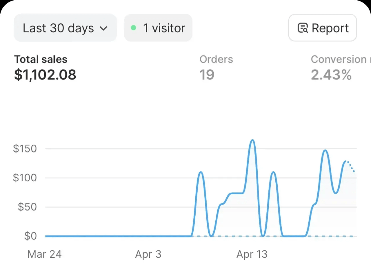 لقطة شاشة من Shopify لمتجر مهدي: مبيعات 1,102.08 دولار و19 طلبًا خلال آخر 30 يومًا