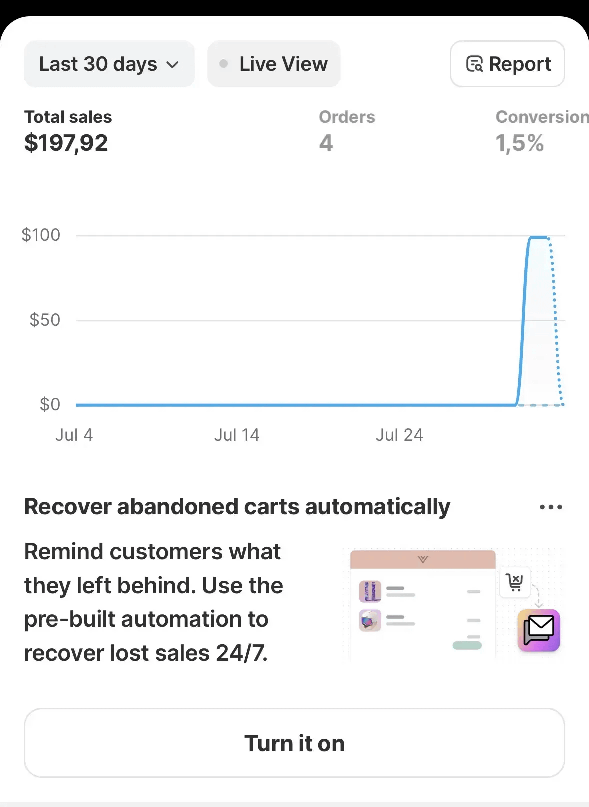 لقطة شاشة من Shopify لمتجر أحمد: 197.92 دولار و4 طلبات