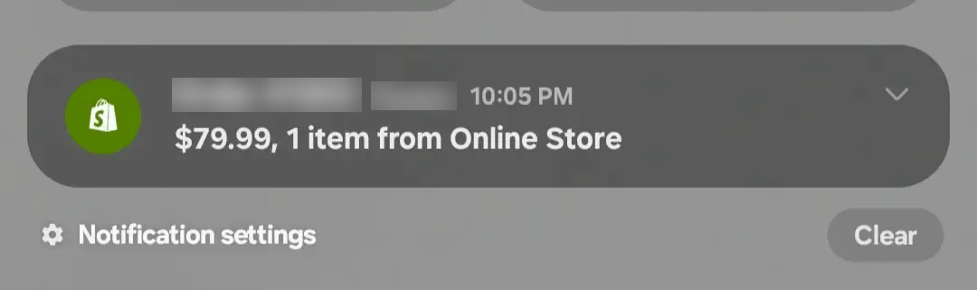 إشعار Shopify بطلب قيمته 79.99 دولار لدى عبدالله، مع إخفاء رقم الطلب واسم المتجر