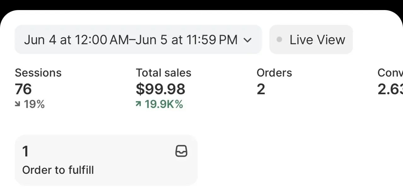 لقطة شاشة من Shopify لمتجر عبد: طلبان و99.98 دولار بين 4 و5 يونيو