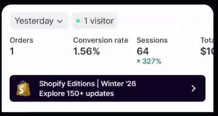 لقطة شاشة من Shopify لمتجر أنس الثاني: طلب واحد و64 زيارة أمس
