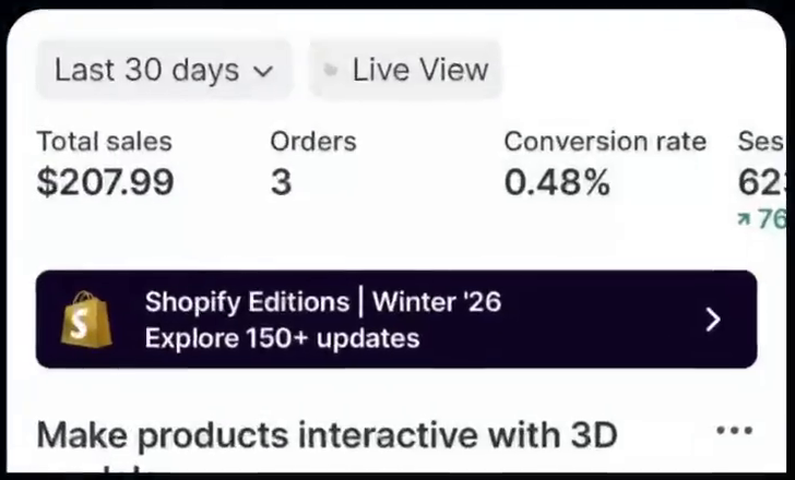لقطة شاشة من Shopify لمتجر أنس: 207.99 دولار مبيعات و3 طلبات خلال آخر 30 يومًا