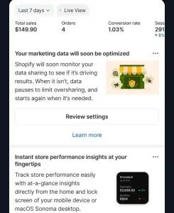لقطة شاشة من Shopify لمتجر حازم: 149.90 دولار و4 طلبات خلال آخر 7 أيام