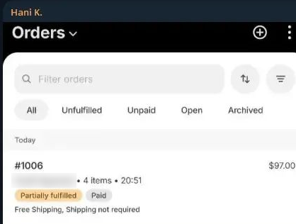 منشور هاني في قناة تيليجرام: قائمة الطلبات في Shopify تعرض الطلب رقم 1006 بقيمة 97 دولار، مع إخفاء اسم العميل