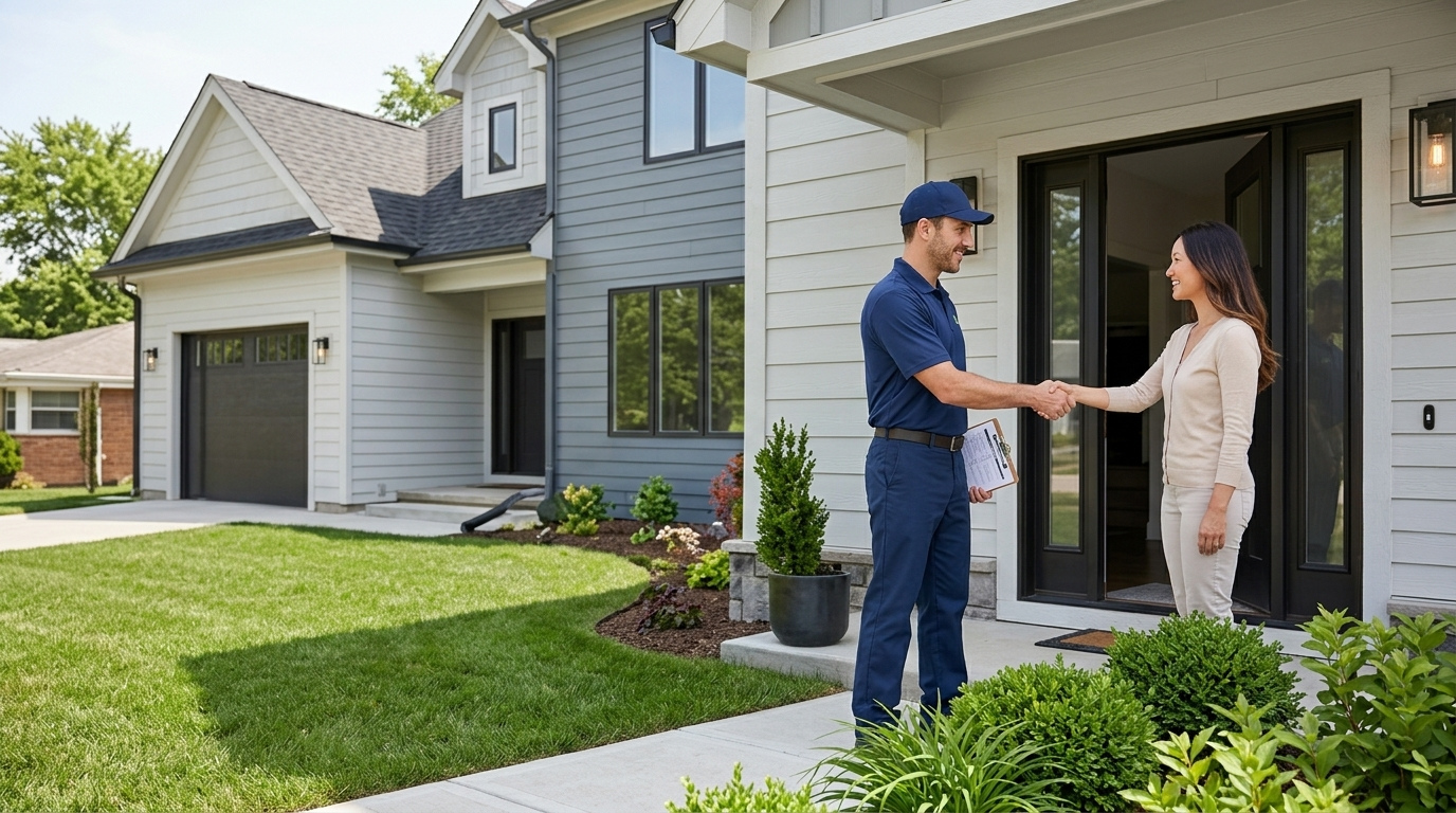 A Lemonade technician greeting a homeowner at her front door