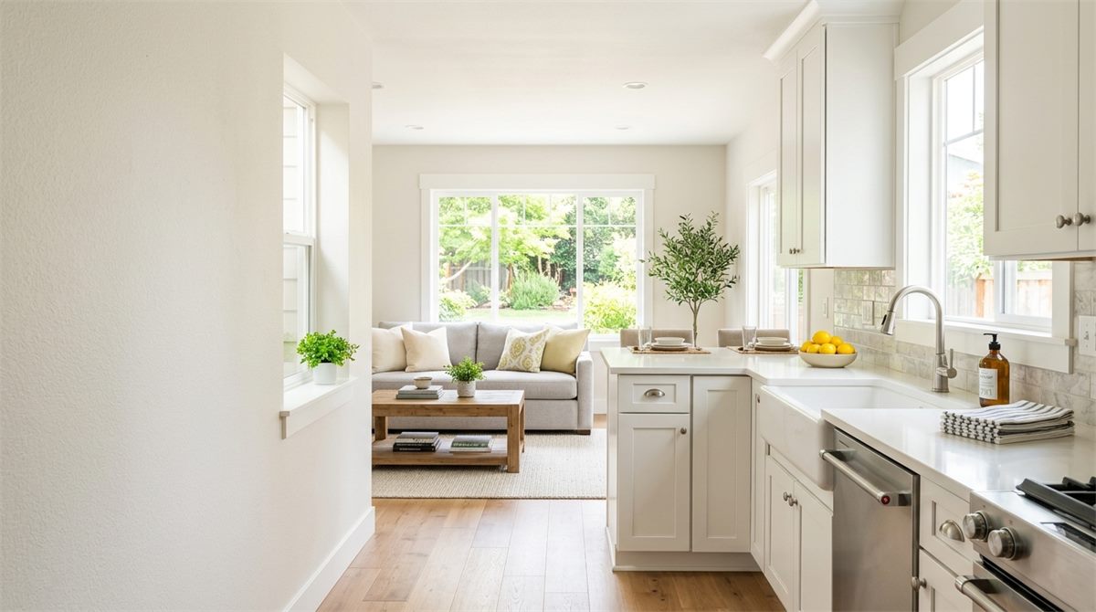Bright, freshly cleaned kitchen and living room