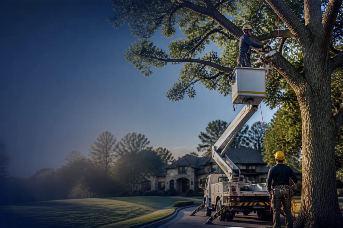 Tree crew trimming a large tree from a bucket truck