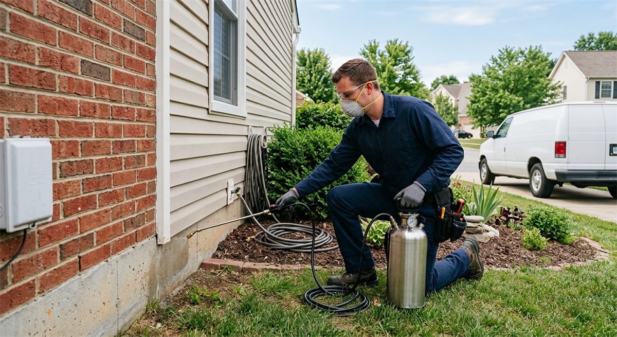 Technician treating a home's foundation for pests