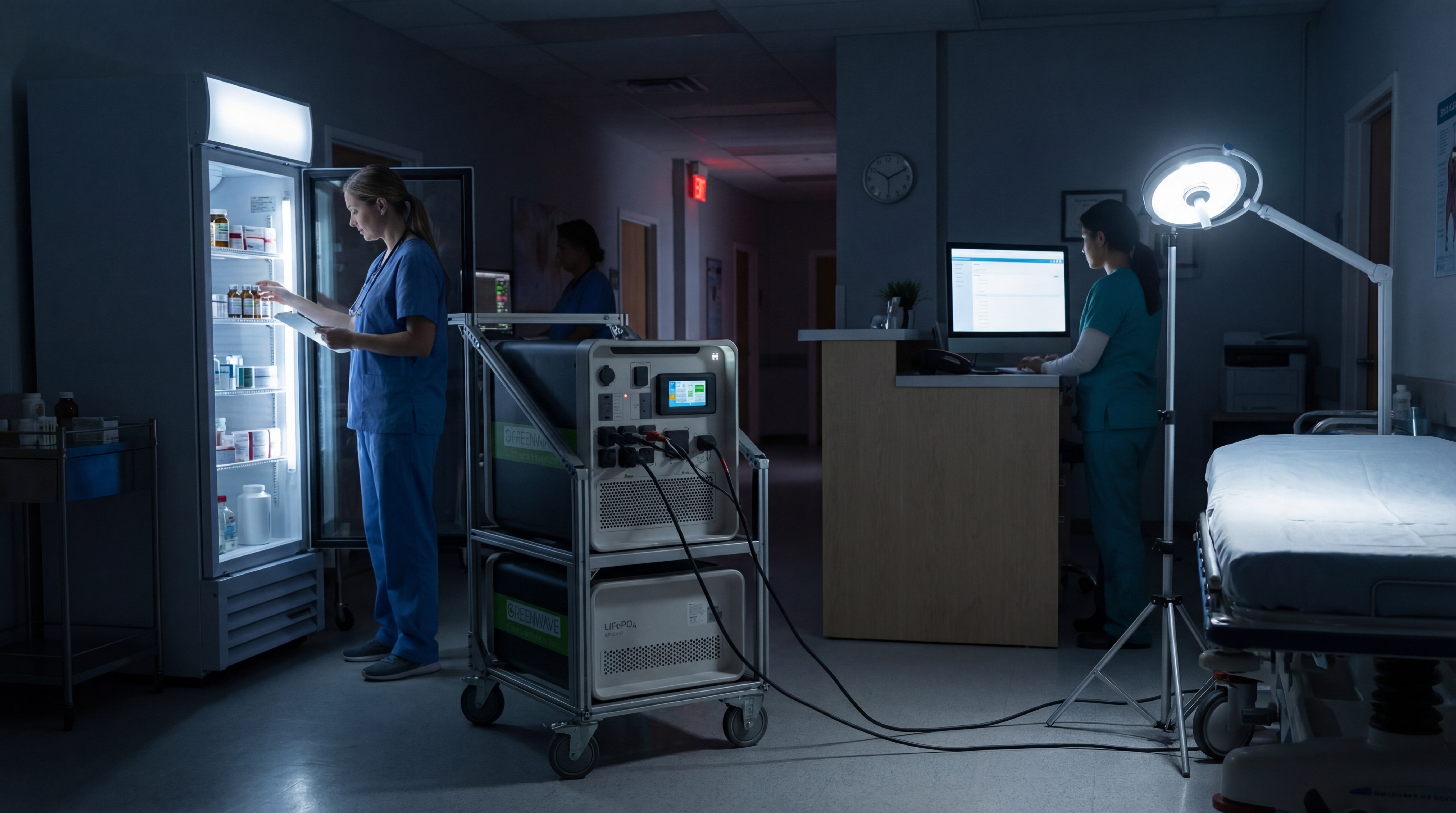 Greenwave battery system powering hospital medication refrigeration and workstation during power shutdown