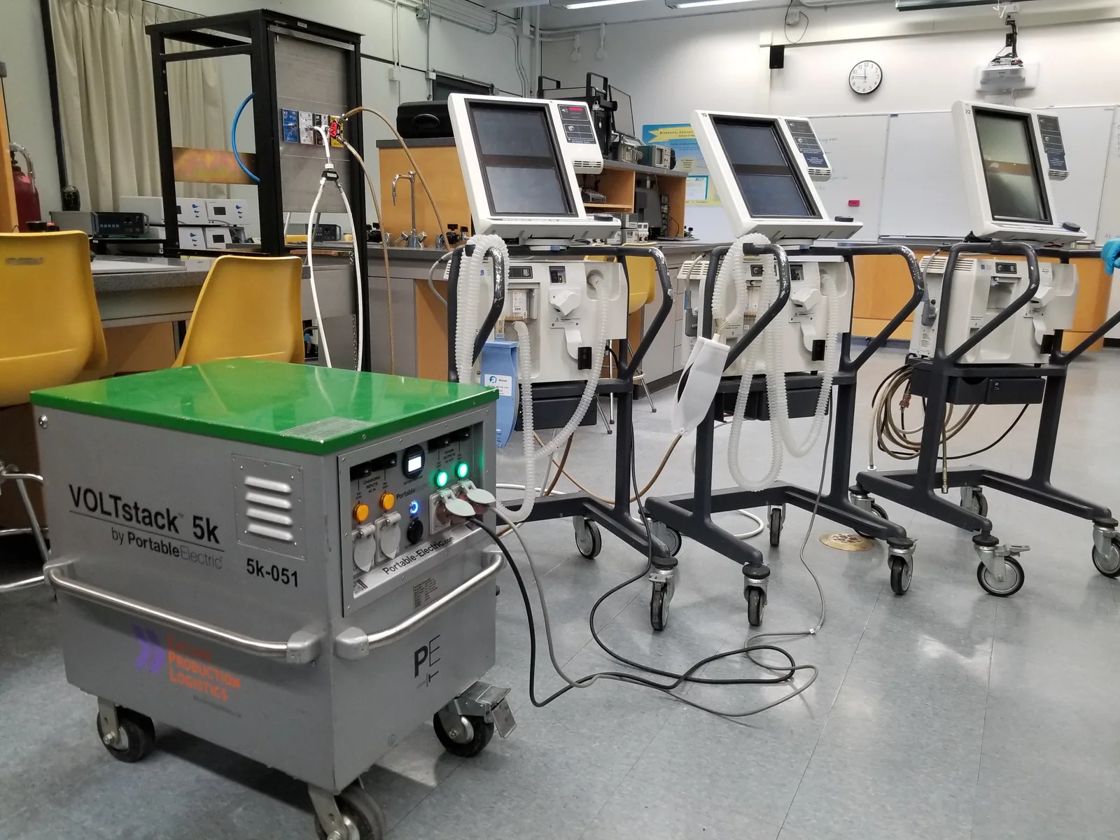 VOLTstack portable battery unit providing backup power in hospital hallway
