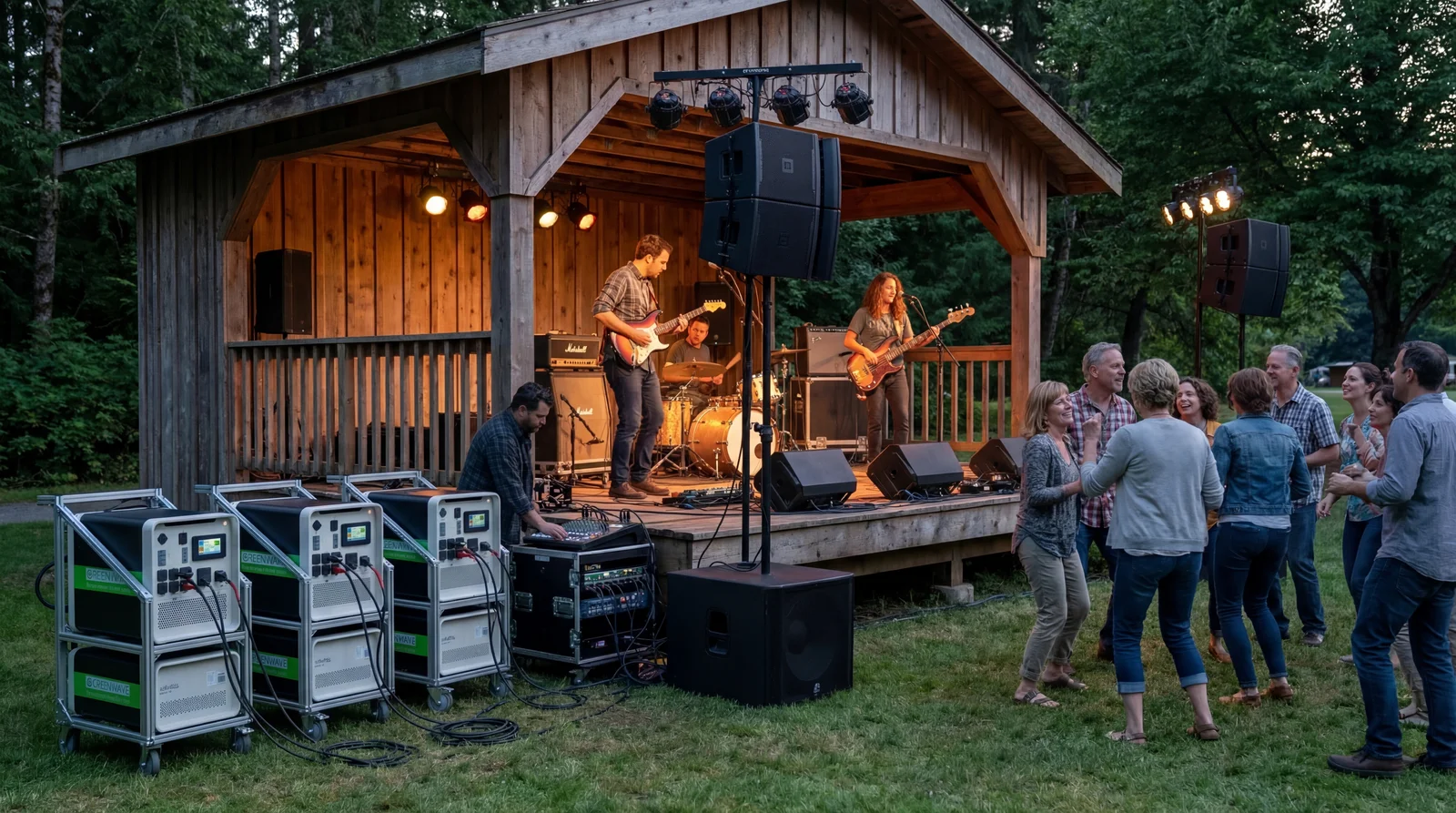 Portable battery power for outdoor stage setup