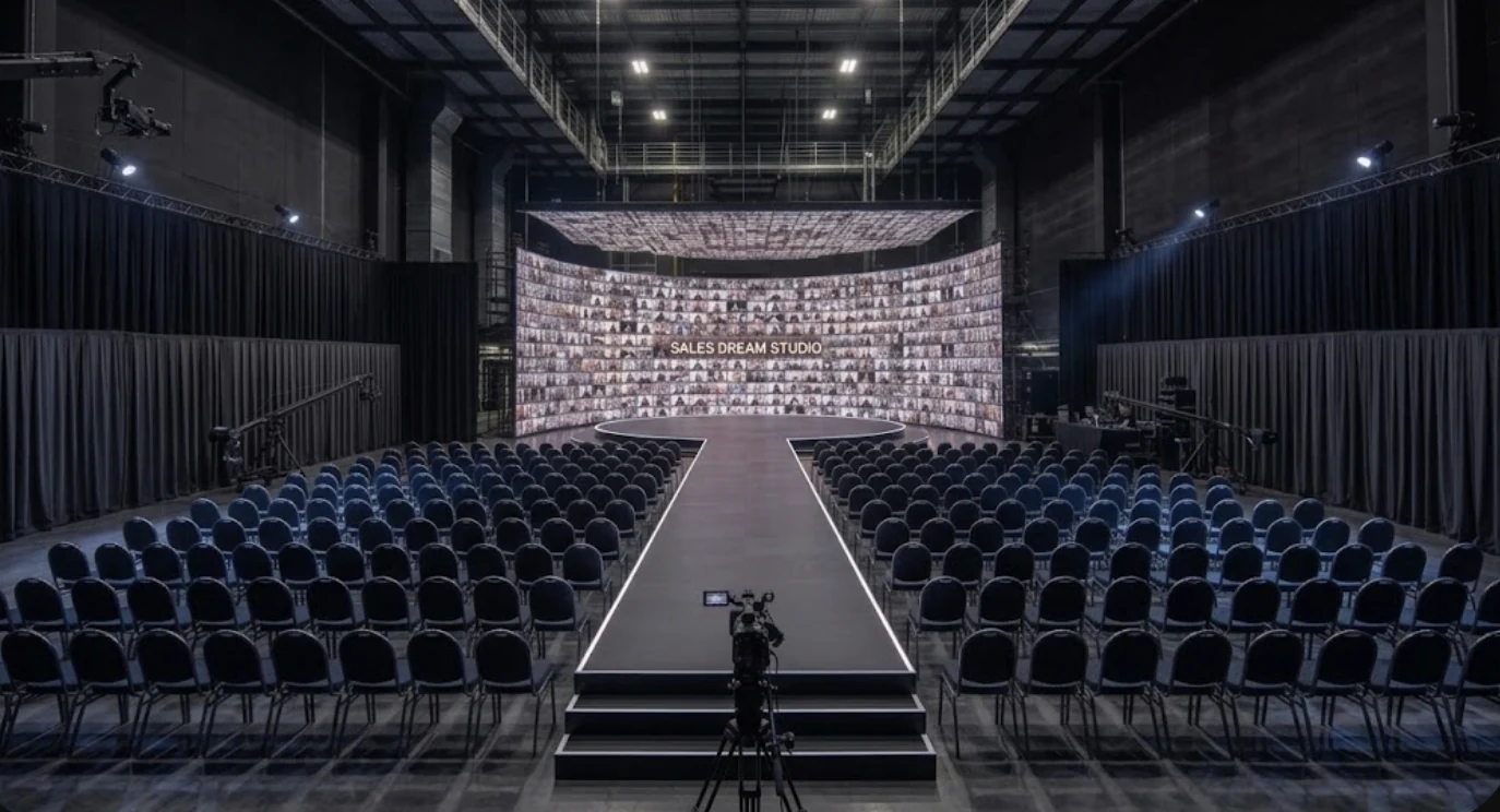 Dream Studios hybrid virtual stage with runway seating and curved virtual audience wall
