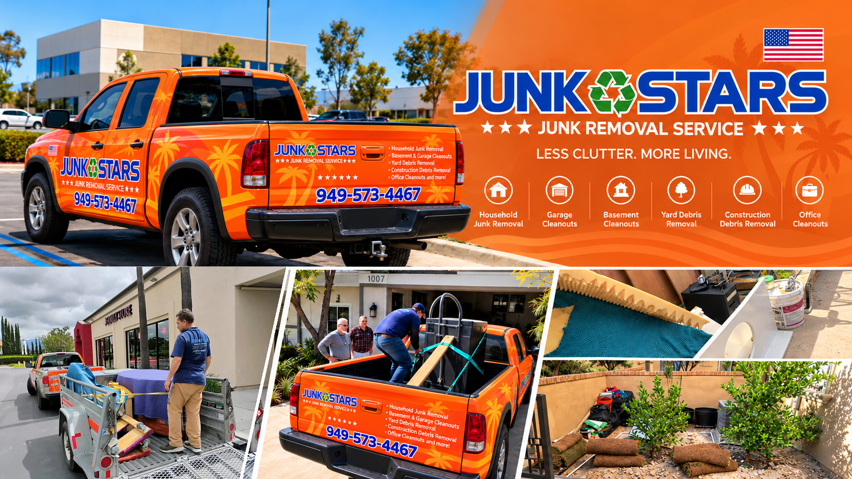 Junk Stars truck and recent junk removal jobs in Orange County.