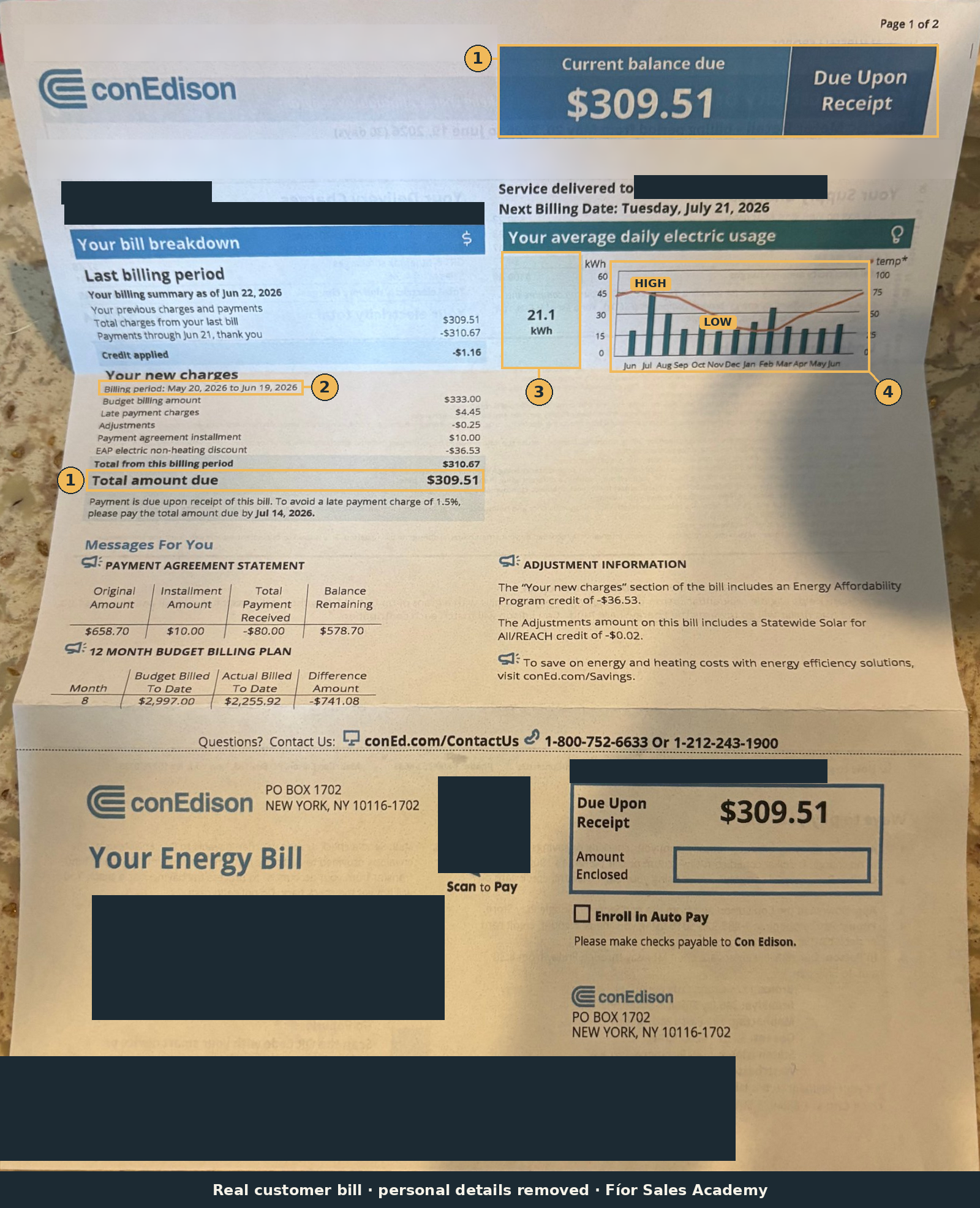 An annotated, redacted electric bill from the course