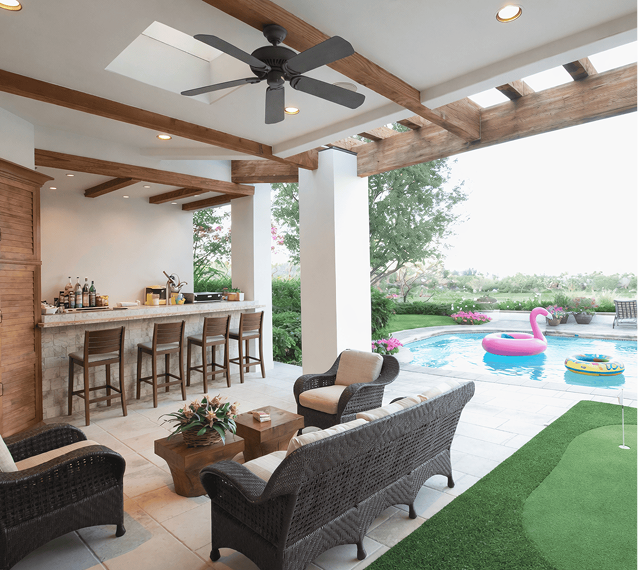 Luxury short-term rental pool area with covered outdoor lounge, bar seating, putting green, and resort-style amenities. Luxury short-term rental pool area with covered outdoor lounge, bar seating, putting green, and resort-style amenities.
